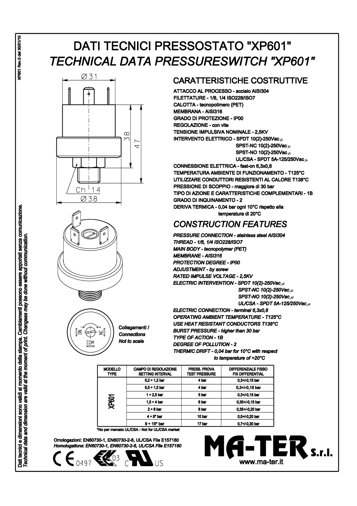 Mater XP601 2,0.-6,0 bar Edelstahlausführung 1/4 Zoll voreingestellt 3,5 bar Schaltpunkt einstellbar