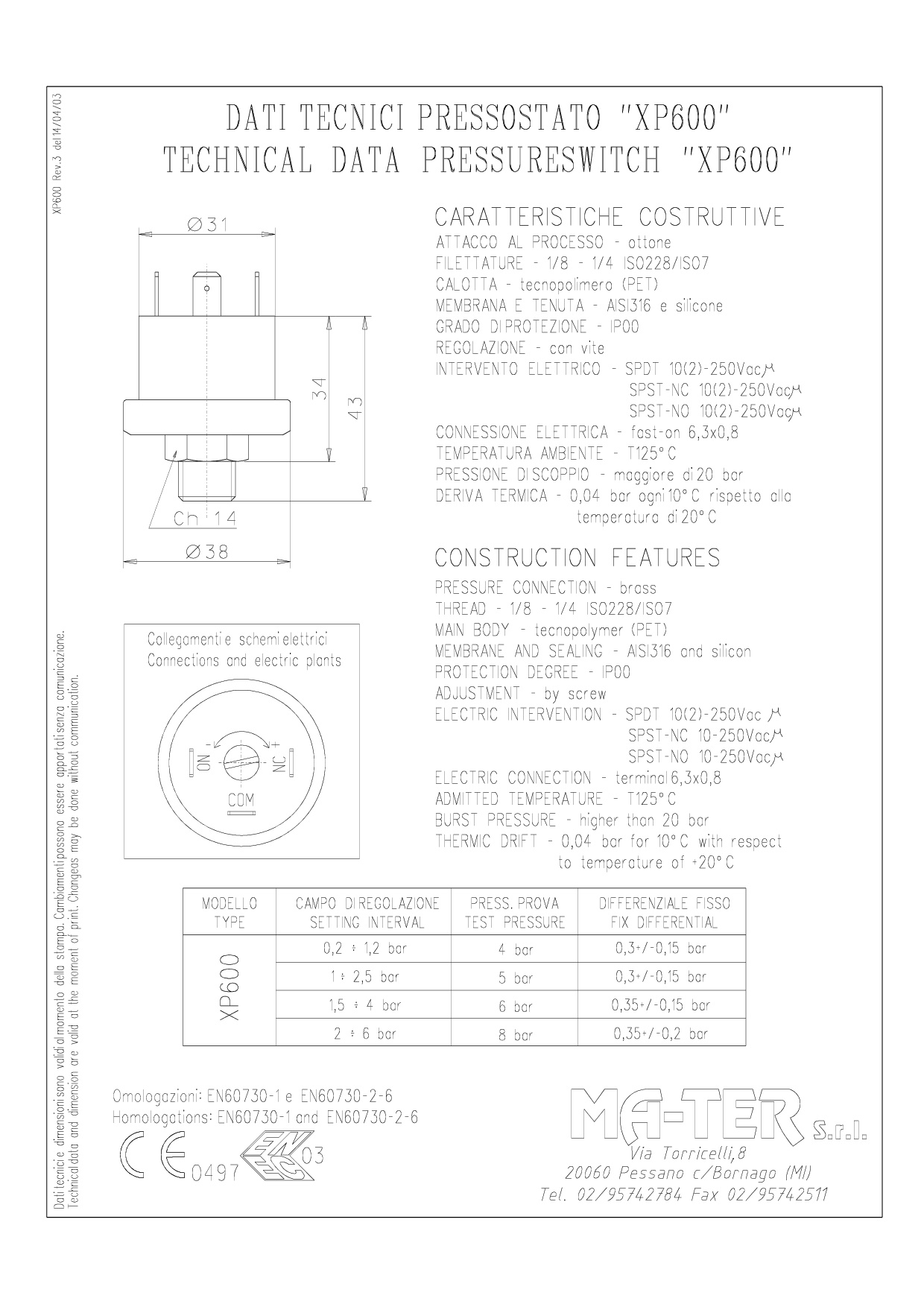 Mater Druckschalter XP600 G1/4“, 2,0-6,0bar einstellbar, Voreinstellung 4,0bar